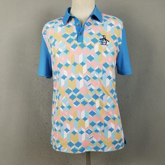 Original Penguin Polo Shirt Mens Medium Blue Multicolor Geometric Golf Stretch - Picture 1 of 13